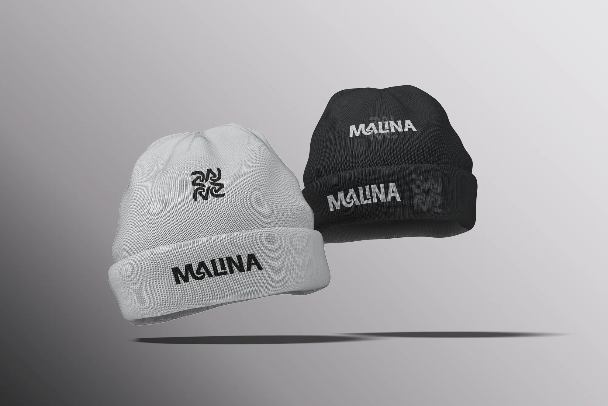 Malina monogram embroidered on a white beanie and a black beanie