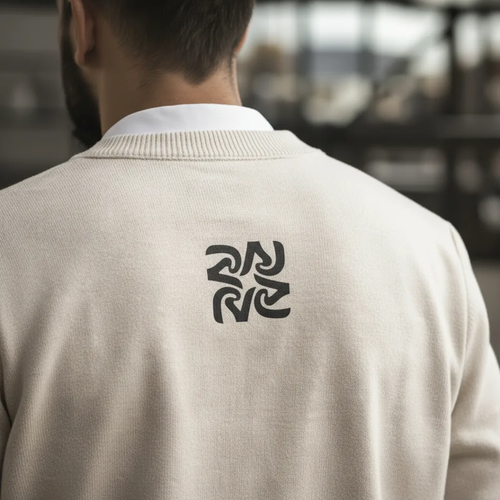 Malina monogram detail on the back neck label of a sweater