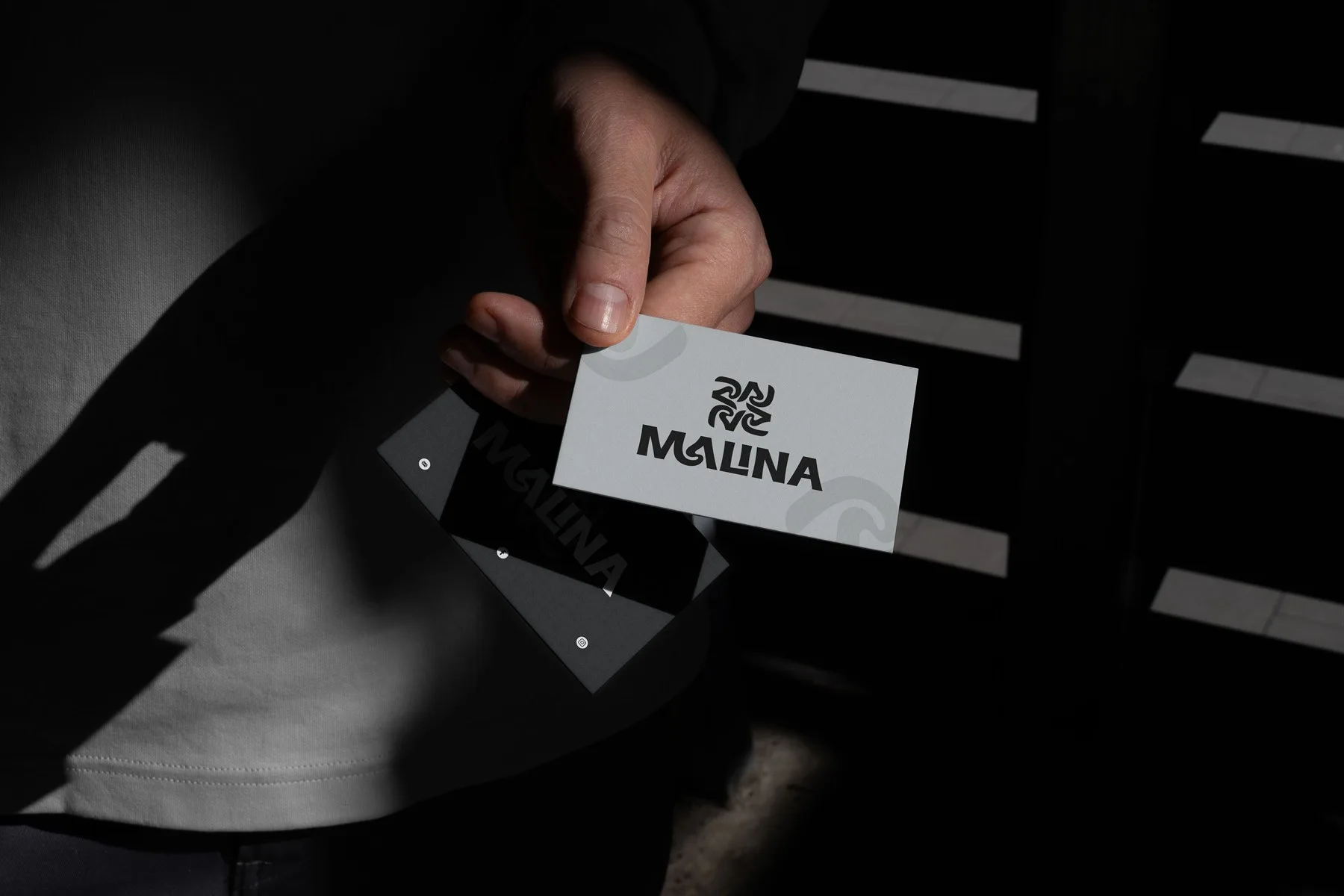 Malina business card handed over in the shadow of a railing