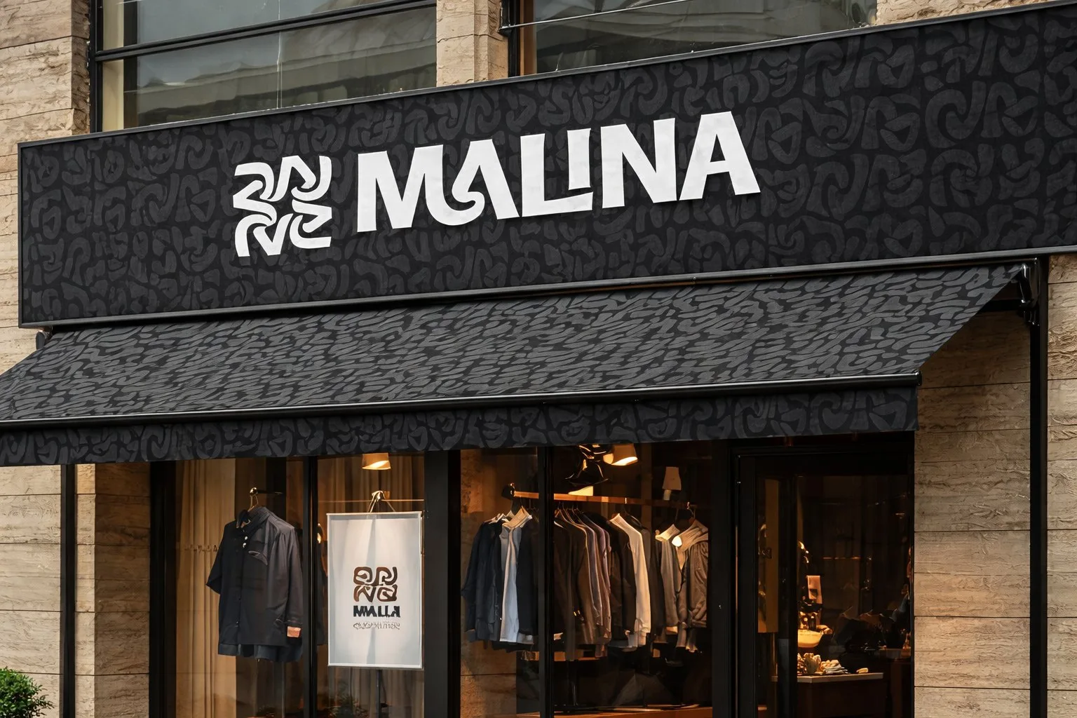 Malina storefront signage and window display