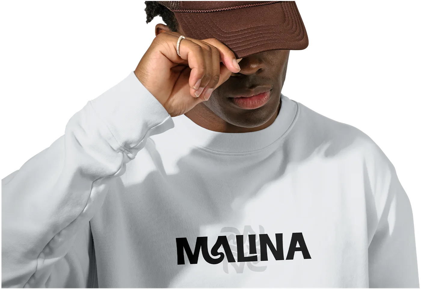 Malina wordmark on a white crewneck sweatshirt
